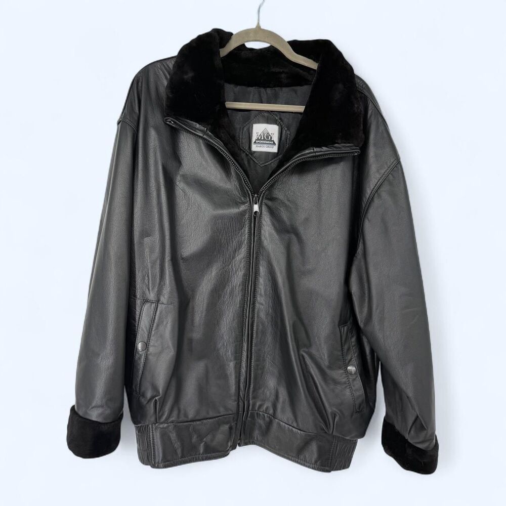 Black Leather Bomber Jacket Faux Fur Collar Aviator Oversized Coat c. 1994-1998